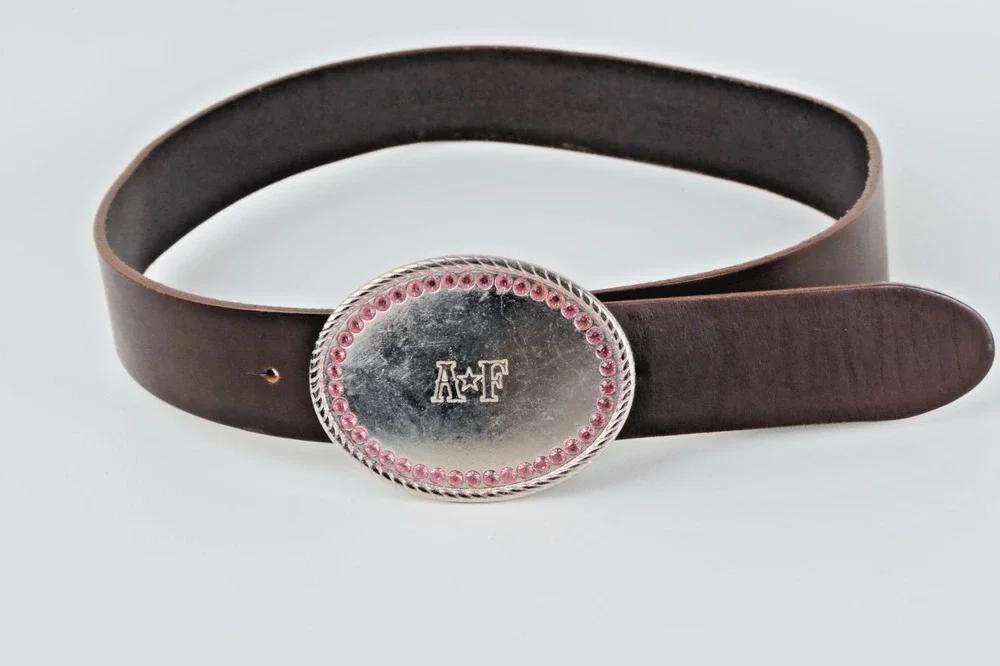 Abercrombie & Fitch Y2K Vintage Brown Leather Belt Pink Rhinestone Oval Buckle S